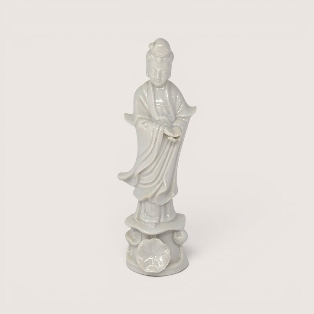 Vintage Porcelain Guan Yin Figurine Lotus Base Statue